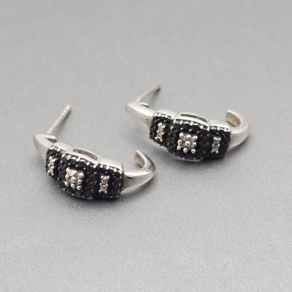 Sterling Silver & Black Rhinestone Half Hoop Post Earrings .75" Prong Setting - Picture 1 of 9
